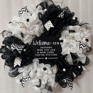 Welcome-Ish Black & White Holiday Wreath